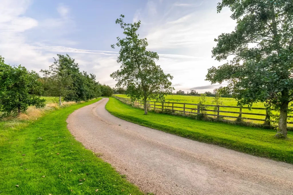 The gravel driveway winding through the fields at 14 Acres