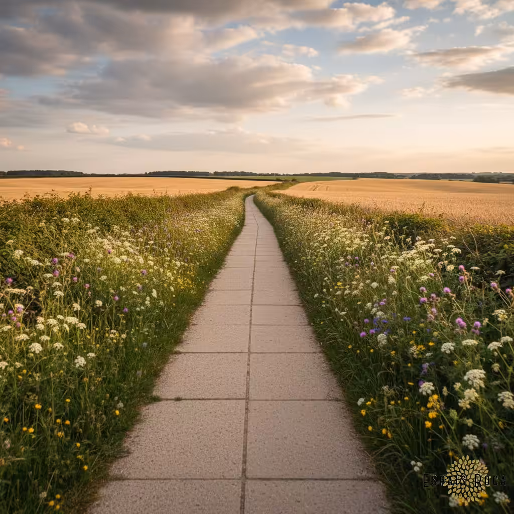Surfaced countryside path through Northamptonshire farmland