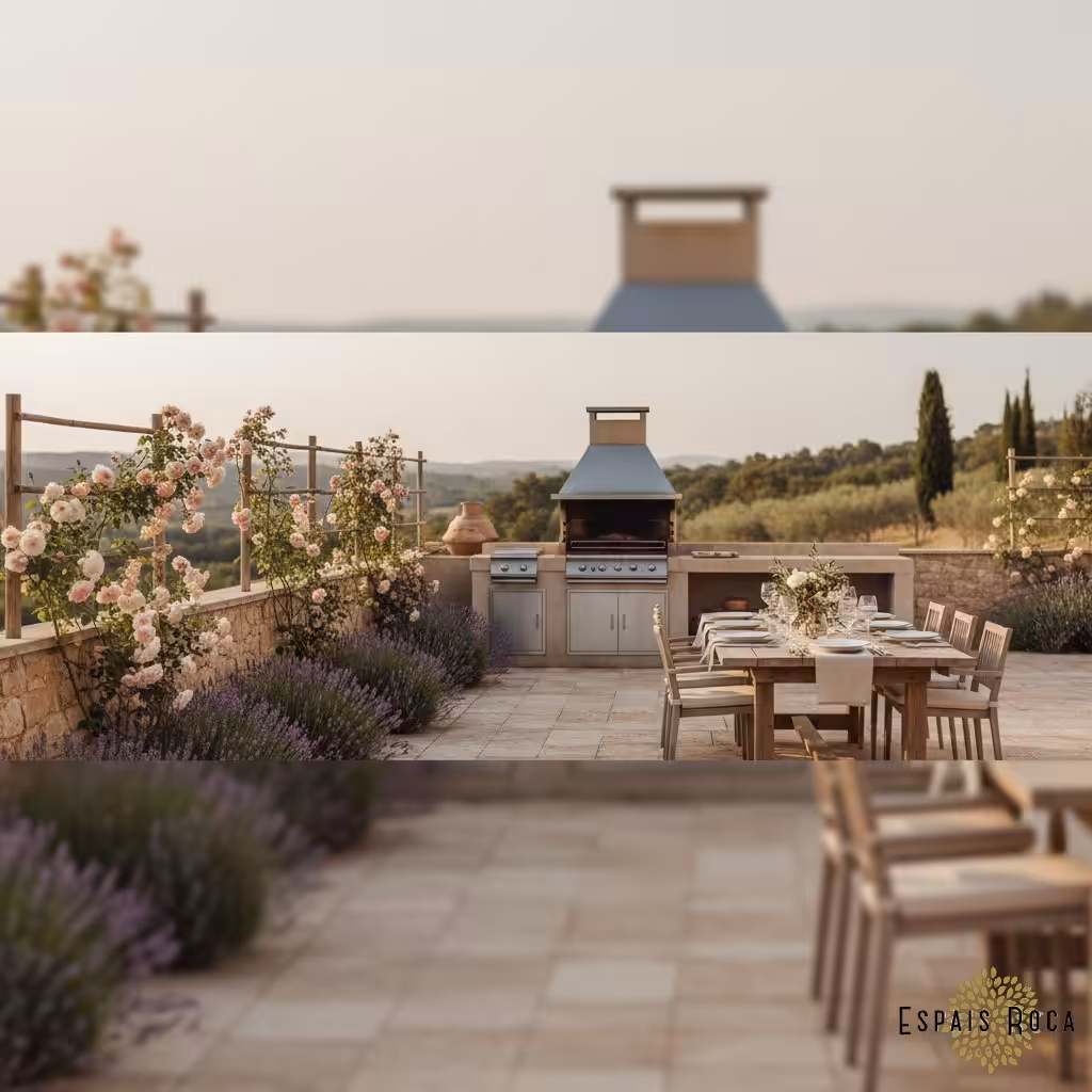 Outdoor kitchen and stone dining terrace