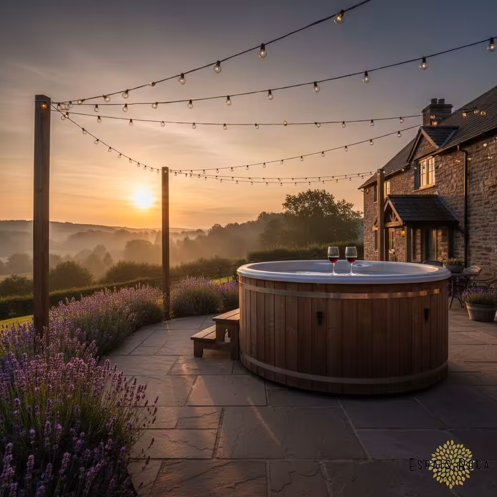 Romantic hot tub at a countryside cottage in the evening