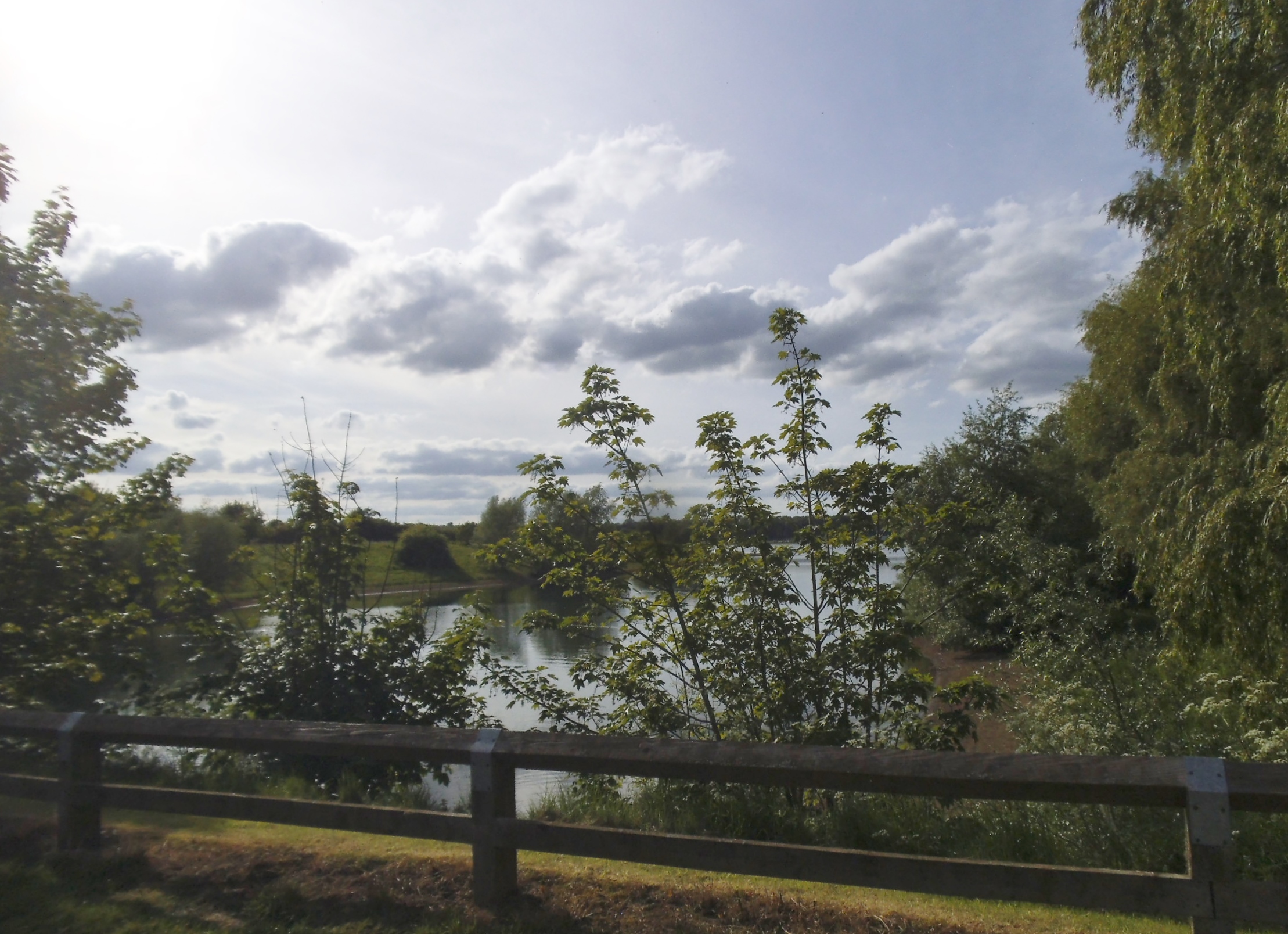 A quiet inlet at Pitsford Reservoir seen from the waterside path, with post and rail fencing along the trail