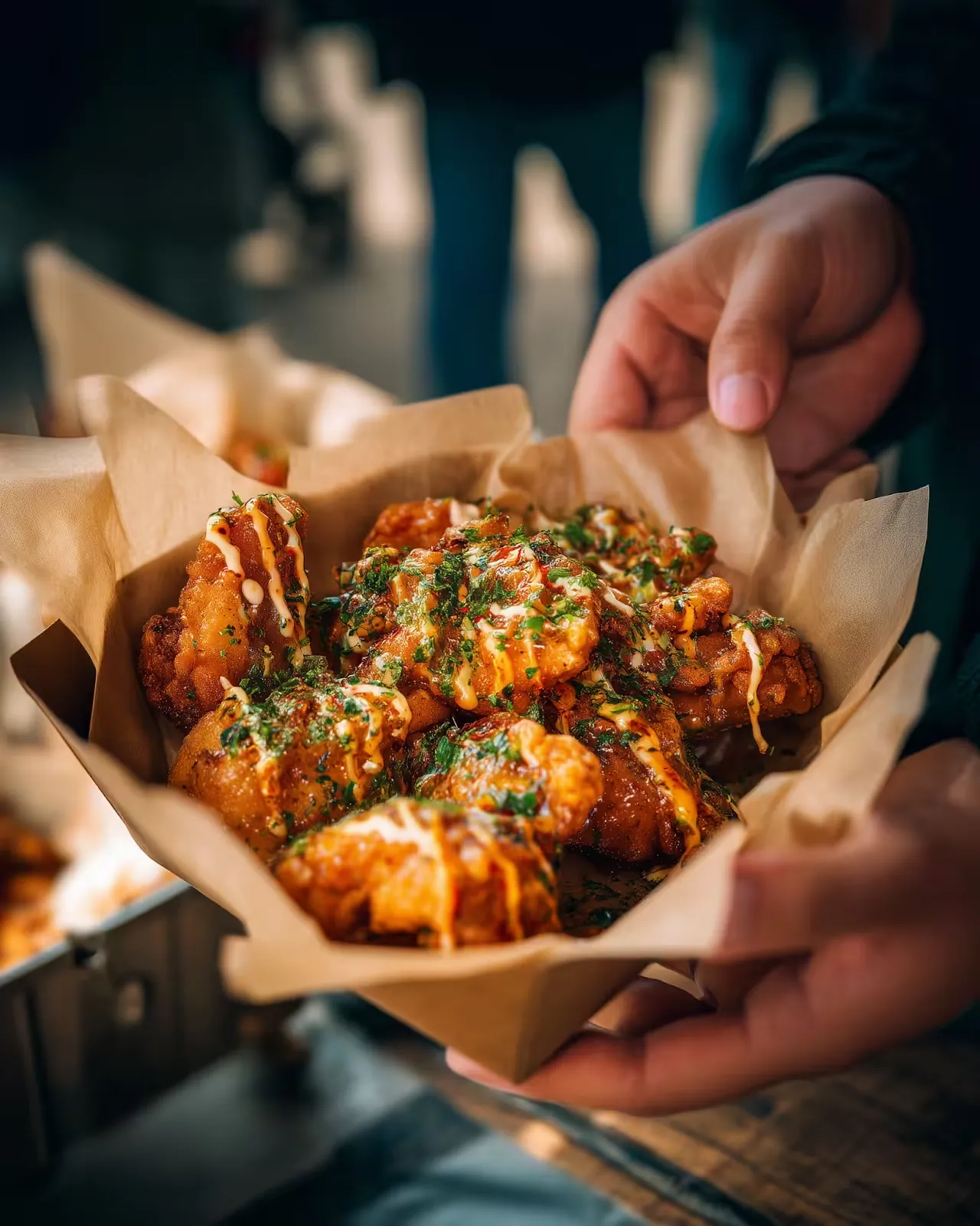 Hands holding a paper tray of fried chicken topped with herbs and sauce