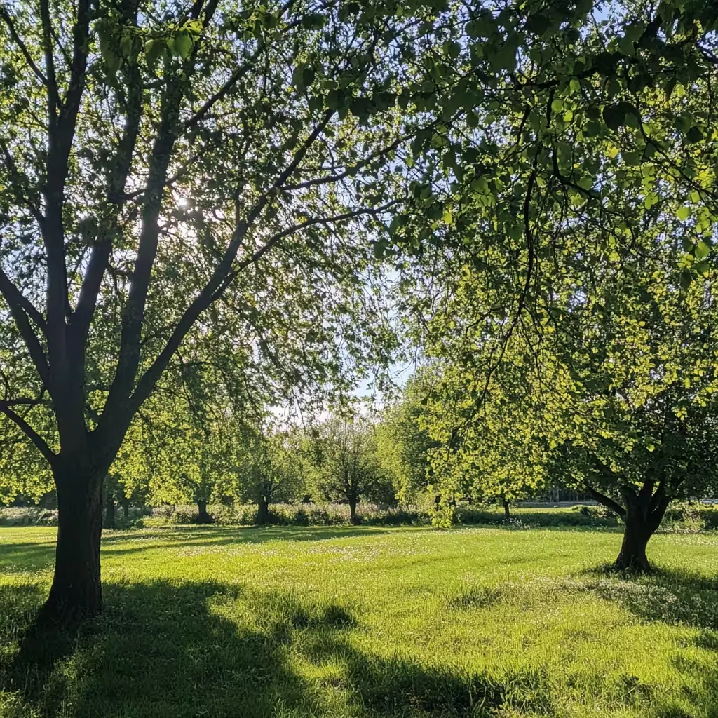 Sunlit trees shading an open lawn in a park