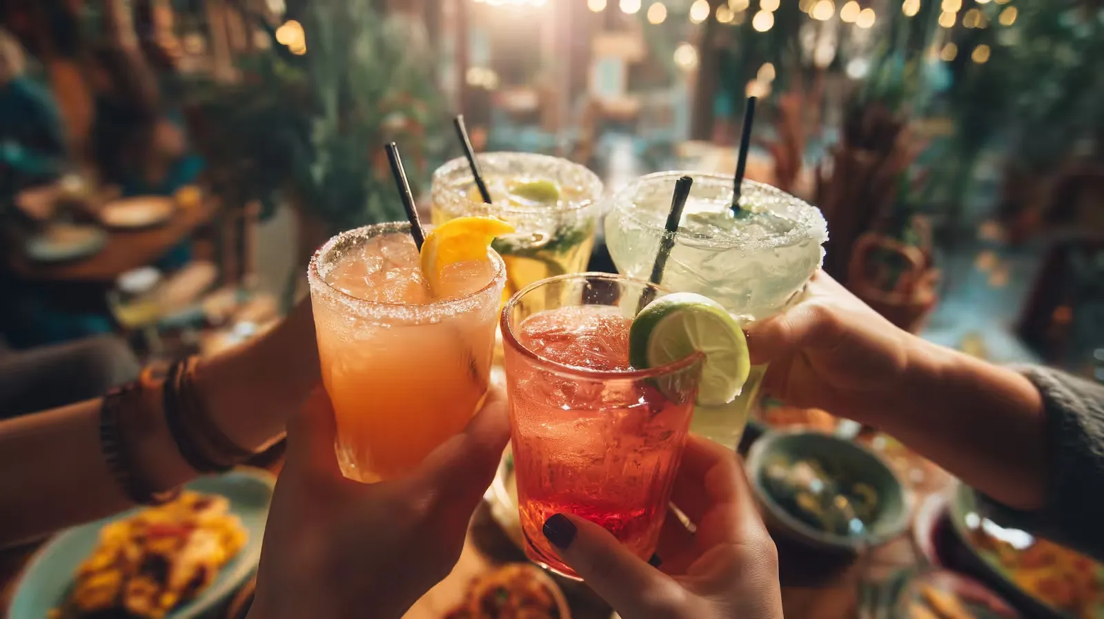 Friends clinking cocktails with salted rims and citrus garnishes