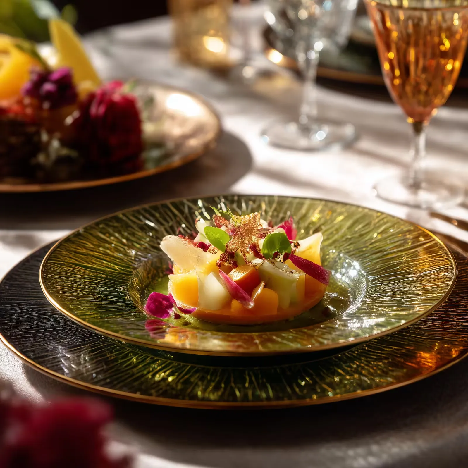Plated dessert of fresh fruit and flowers on a gold-rimmed dish, with a glass of rosé