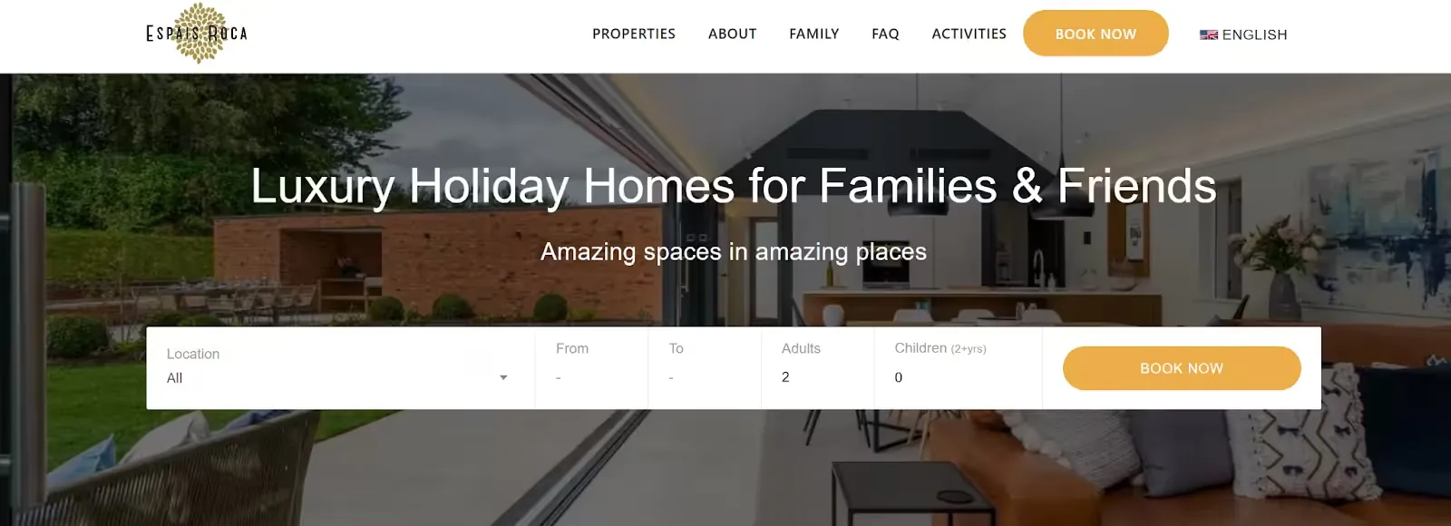 Screenshot of the Espais Roca website homepage: Luxury Holiday Homes for Families and Friends