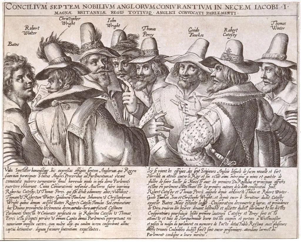 A 17th-century engraving of the Gunpowder Plot conspirators, including Guy Fawkes and Robert Catesby